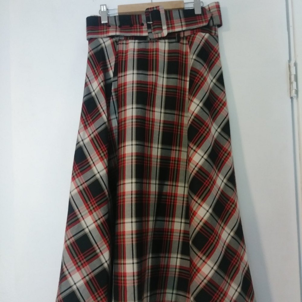 H&M belted plaid midi skirt